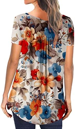 Кратки ракави маички блуза жени со копче за плетенка на врвови лабави трендовски цветни печатени блузи Туника V вратот маица врвот