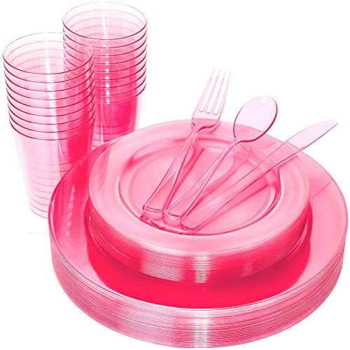 WDF 25 Гостин Розова Плочи Со Еднократна Употреба Пластични Сребрени садови&засилувач;Розова Чаши-Неонски Јасно Пластични Садови вклучуваат