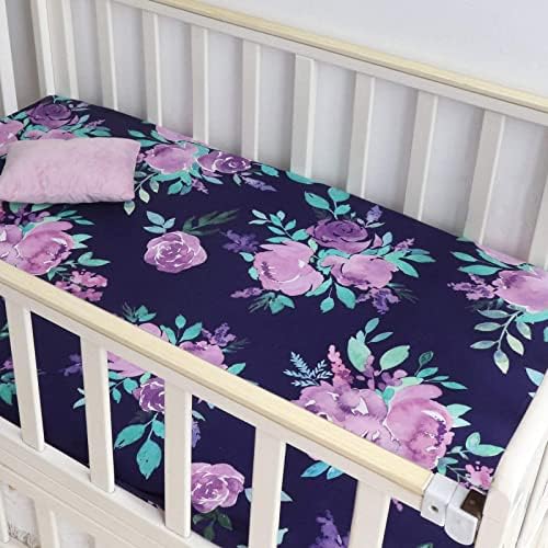 Бебе ќебе и креветче за креветчиња, опремени картички за креветчиња за девојчиња органски памук креветче, виолетова цветна минки