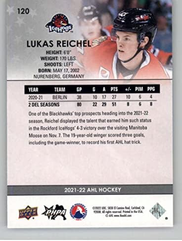 2021-22 Горна палуба АХЛ #120 Лукас Рајхел Starвезда дебитанти РЦ дебитант Рокфорд Icehogs Хокеј за трговија со хокеј