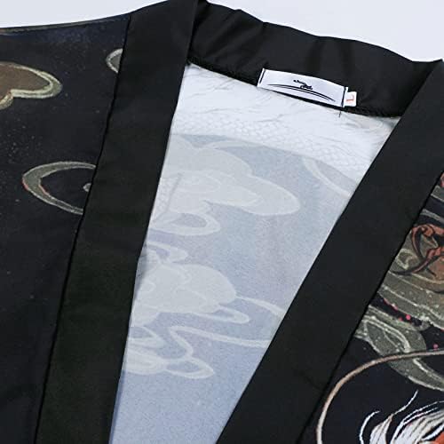 Xxbr Јапонски кимоно кардиган за мажи, лабава отворена фронт драпиран 3/4 ракав лесен ukiyoe змеј печати обични наметка за обични