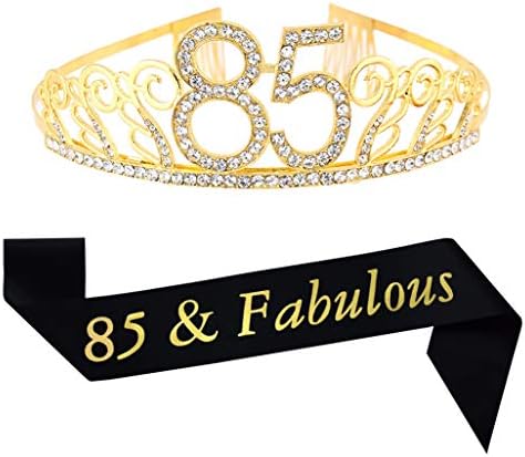 85 -та Бритдеј злато Тијара и Саш, сјај Сатен Саш и Кристал Ринестон Роденденска круна за среќна 85 -та роденденска забава за услуги за славење