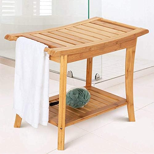 Есгт бамбус клупа за туширање дрвена столица за бања со 2-ниво полица за складирање за внатрешна употреба на отворено во внатрешноста