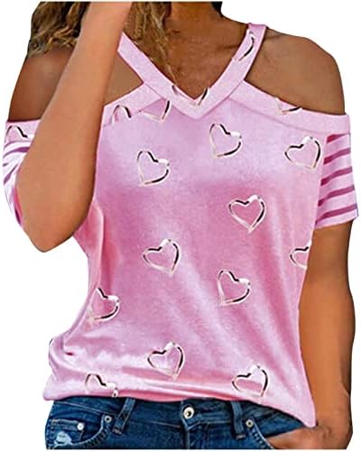 Врвови за кратки ракави за жени ， модна loveубов печатена печатена кошула лабава удобна мека маици V-вратот за кратки ракави