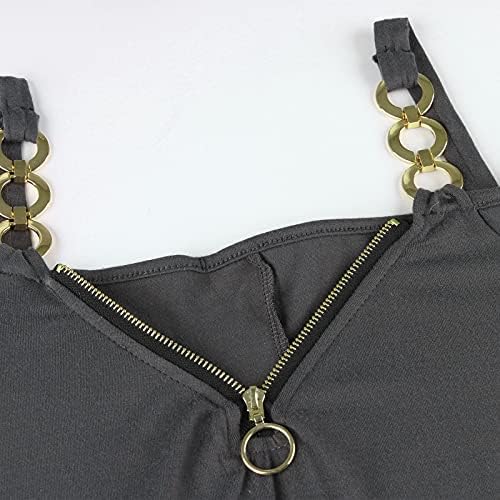 Женски ладно рамо маица модна цврста боја метална ланци каипер zipper v-врат кратки ракави за блуза блуза блуза врв