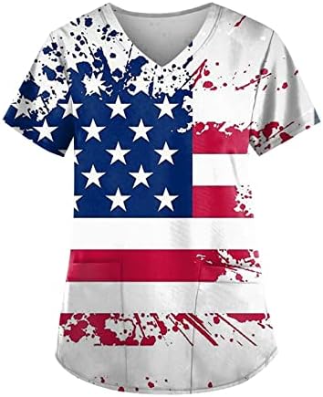 Маички за жени на 4-ти јули, маица со кратки ракави со кратки ракави со џебови starsвезди и ленти графичка патриотска кошула