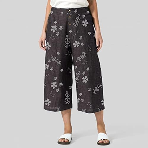 Памучни постелнини панталони за жени, лесна лесна светлина со широка нозе лабава цветна јога каприс удобна мода исечени панталони
