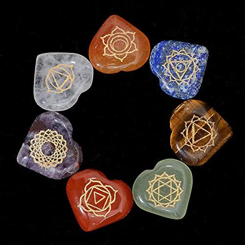Заикус седум камења во форма на срцева чакра поставени со врежан седум симбол Чакра | Заздравувачки кристален комплет | Фенг Шуи предмети