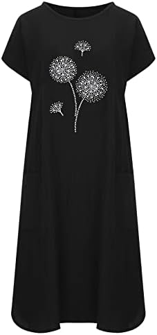 Нокмопо Женски Свечени Фустани Плус Големина Модни Летни Фустани За Џеб Со О-Врат Печатење Фустан Со Кратки Ракави