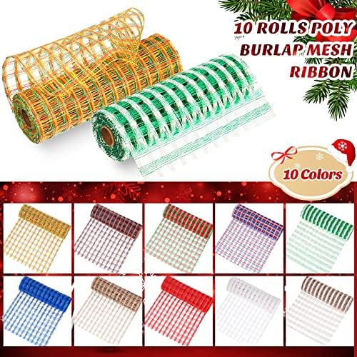 Yungyan 10 Rolls Poly Burlap Mesh Ribbon Christmas Inch Deco DIY ролна шарена проверка 50 дворови во вкупно декоративен сет за забавни празнични венци занаетчиски занаети дома занает