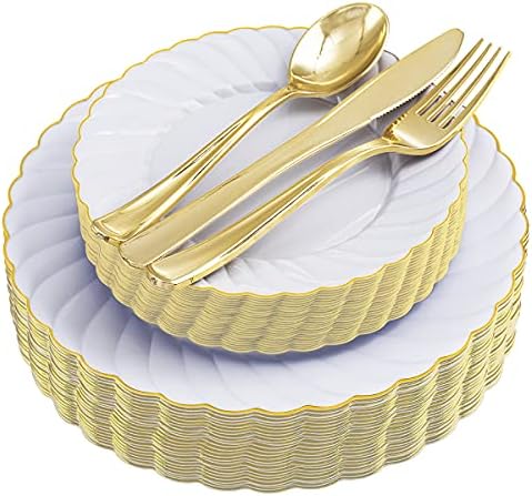 Youbet 125pcs Сини пластични плочи - златен пластичен сребрен сад - морнарички плочи за еднократна употреба вклучуваат 25 -табели за вечера, десертни плочи, вилушки, лажици