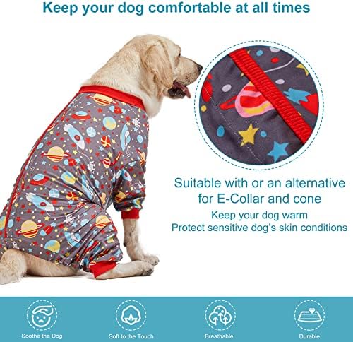 Lavinpet големи пижами на кучиња: голема раса питбул/боксер/лабрадор/доберман, лесен домен, сив печатење во вселенско патување, кошула за пост-хирургија, УВ заштита, оле
