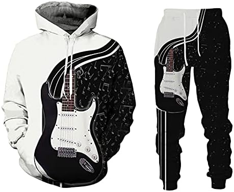 Гитара печатење 3Д качулка панталони костум мажи бенд облека плус големина џеб пуловер врвна спортска облека со две парчиња