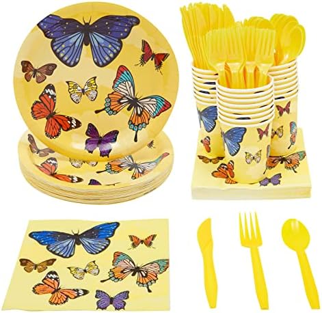144 парчиња за забава со пеперутка со хартиени плочи, салфетки, чаши, жолти прибор за јадење за роденден, туш за бебиња
