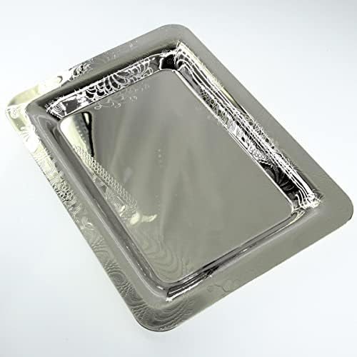 Maro Megastore 13.1 инчи x 9,1 инчи издолжена хромирана огледало сребро послужавник за сервирање Стилски дизајн цветни врежани раб Декоративна