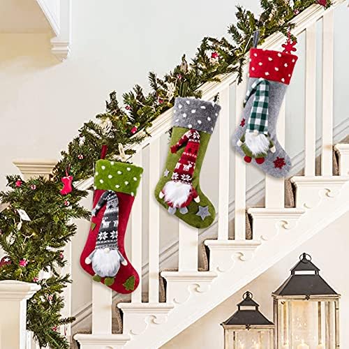 Habibee Божиќни чорапи сет од 3 со 3Д дизајн на Дедо Мраз 18 инчи голема големина Божиќно порибување за семеен празник Божиќна забава