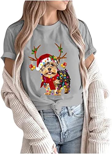 Женски графички маички обични кратки ракави со тркалезен врат маица симпатично Божиќно животно печатено блуза врвови