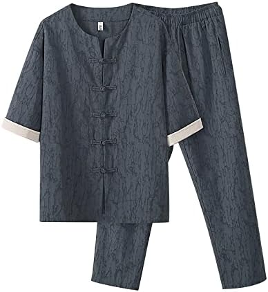 Bmisegm Машка костум за машки летни памук за дишење со две парчиња медитација, валани ракави, панталони за кошула од кошула, панталони