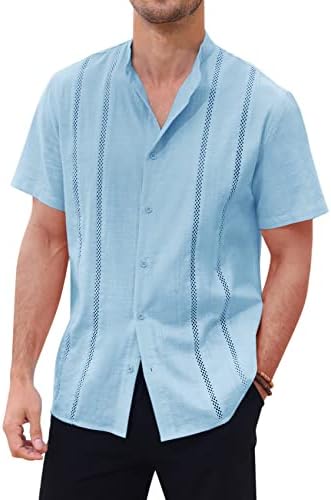 Paslter Mens Guayabera Lenen кошули со кратки ракави копче надолу лето кубански хипи плажа кошули врв