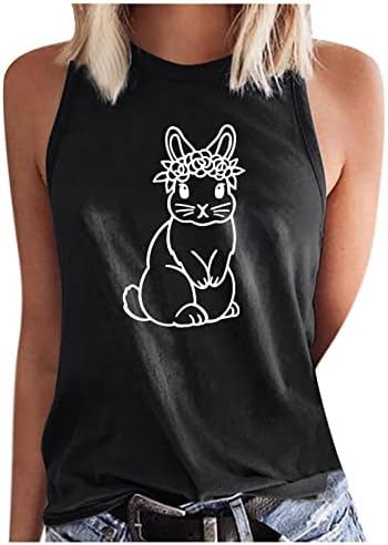 Women'sенски резервоар, среќна велигденска кошули, симпатична мачка печатена елек пуловер лабава обична маица без ракави блуза со вратот