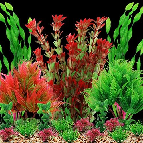 Вештачки водни растенија Питипет, големи растенија во аквариум пластични украси за риба, црвена и зелена црвена и зелена боја