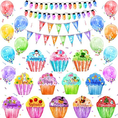 29 парчиња Среќен роденден билтен за декорација Акварела роденденски торта балон банер исечоци од табла роденденска wallидна училница декорација