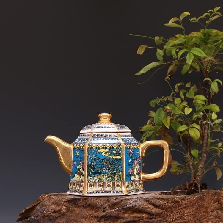 KXDFDC емајл златен чајник со рачки шестоаголни чајници со цвеќиња и птици шема антички порцелан