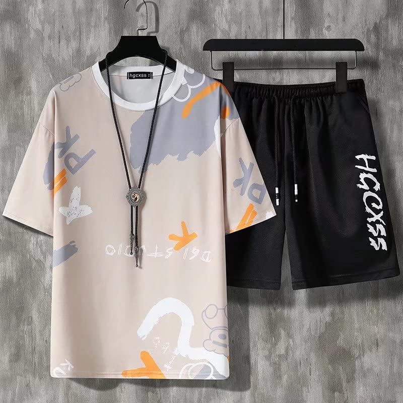 Менс со две парчиња сетови летни кратки тренерки за шорцеви за мажи поставува маици шорцеви за обична облека за улична облека