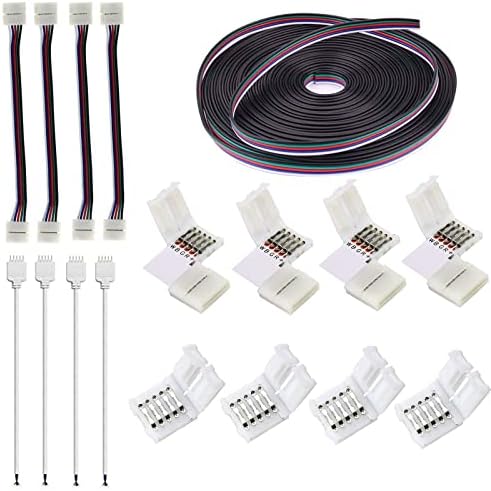 Enqimaoyi RGBW LED 12MM5PIN STRIP CONNECTOR Комплет 16.4FT продолжен кабел, 4PCS Беспрекорна врска, кабел за спроводник со 5 пини,