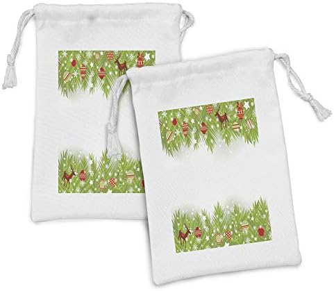 Ambesonne Божиќна ткаенина торбичка сет од 2, смрека зимзелена граница на дрвото на Ноел со ирваси и срца од снегулки, мала торба за влечење