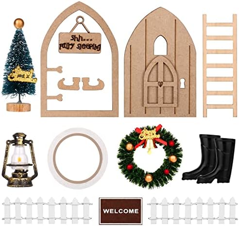 Мини декорација на десктоп DIY декорација за празник за градинарски украси, вклучувајќи врата, скалила, Божиќен венец, новогодишна