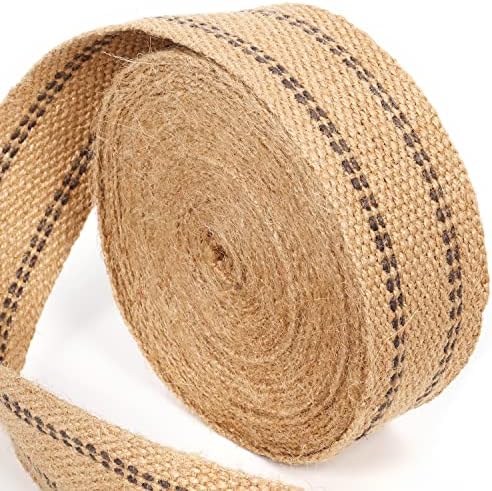 Zaione Jute Burlap Webbing Roll: 2 inchx10 дворови тапацир за мрежење јута природно кафеава лента со црни ленти за занаети дома