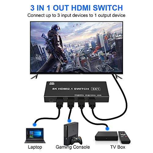 HDMI 2.1 Прекинувач 8K 60Hz, HDMI Прекинувач 3 во 1 Надвор Со IR Далечински Управувач, Поддржува 48Gbps, HDR10+, HDCP2. 3, Dolby Vision, 4k@120hz
