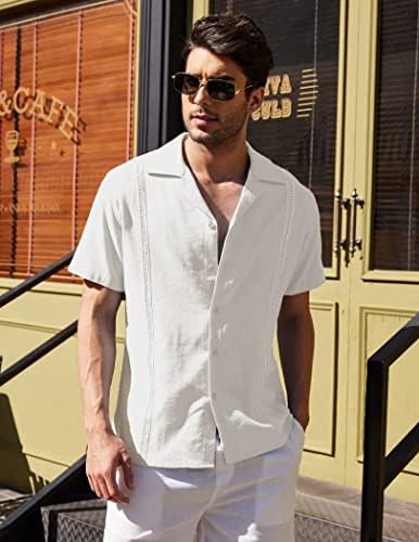 Коофанди машки постелнина кошули обични кубански маички со кратки ракави со кошула со кратки ракави