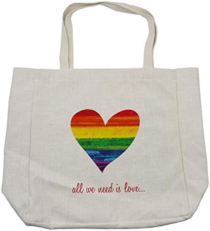 Торба за купување на гордоста на Амбесон, романтична се што ни треба е loveубов познати зборови со форма на срце во боите на геј парадата,