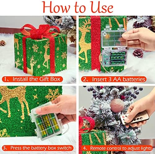 TAFATEE Божиќни кутии за подароци со далечински управувач, 9,8*7,8*6 инчи сет од 3 склопливи 60 LED светлосни кутии за подароци