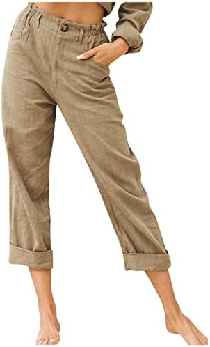 Lcepcy постелнина панталони за жени, еластични копчиња за половината цврсти панталони со права нога лето лабава панталони со високи