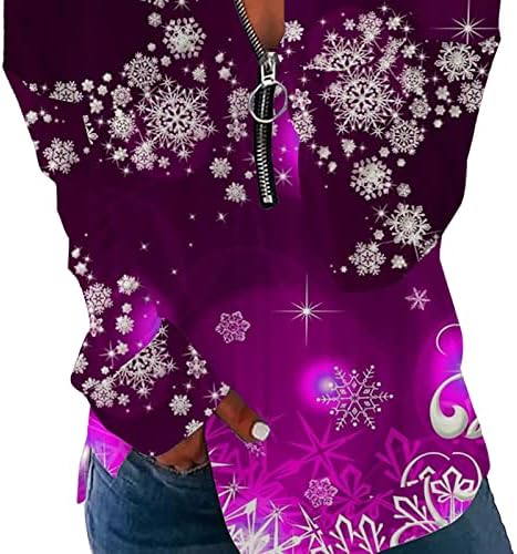 Женски 1/4 поштенски палвер џемпер 2022 Среќен Божиќ Снегулка печати џемпер лабава обична лап -пуловер врвови за жени