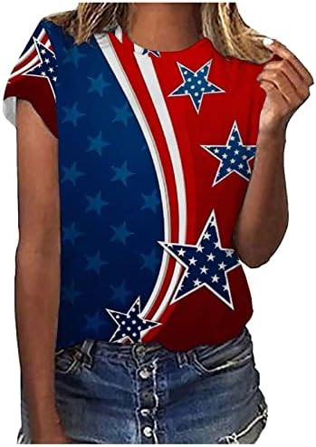 Графички маички за жени 4-ти јули маица летни кратки ракави врвови на американските знамиња за печатење на екипажот на вратот на вратот