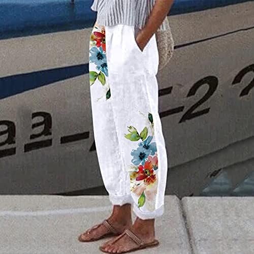 Grge beuu женски обични лабави памучни постелнини панталони летни цветни печатени панталони еластични панталони со затегнување на половината