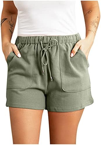 Oplxuo жени обични шорцеви еластични влечење на половината влечење на шорцеви летни цврсти бои удобни тренинзи панталони со џебови