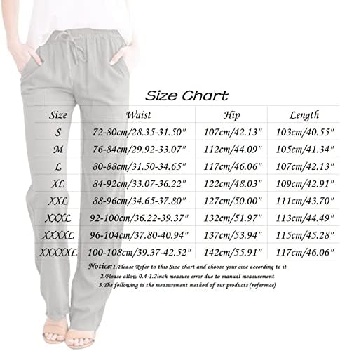 MTSDJSKF женски постелнини панталони, цврсти високи половини со широки нозе лабава памучна лента со памучни панталони со џебови