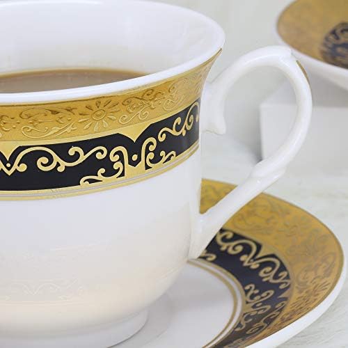 Сет на британски кралски кафе -кафе од Уфенке 7oz, златен порцелан кафе сет од 6, керамички цветни чаши чај и сет за чинија, црна