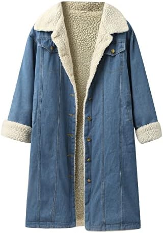 Женска средна долга копче јакна од тексас јакна со долг ракав задебелен термички палто женски зимски палта