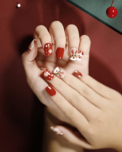 Црвен Божиќен печат на ноктите кратки снегулки лажни нокти овални сјајни целосни насловни совети за вештачки нокти за жени и девојчиња