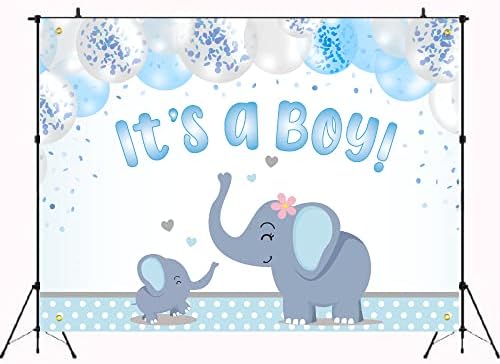 Слон бебе туш заднина банер сина сива бебешки туш украси за момче, голема ткаенина рустикална животна тема за роденденска забава,