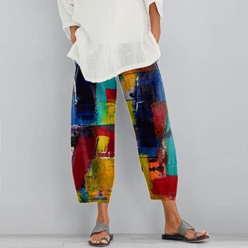 Капри панталони за женски памучни постелнини широки нозе Каприс летна уметност цветна плажа Еластична половината, исечени панталони