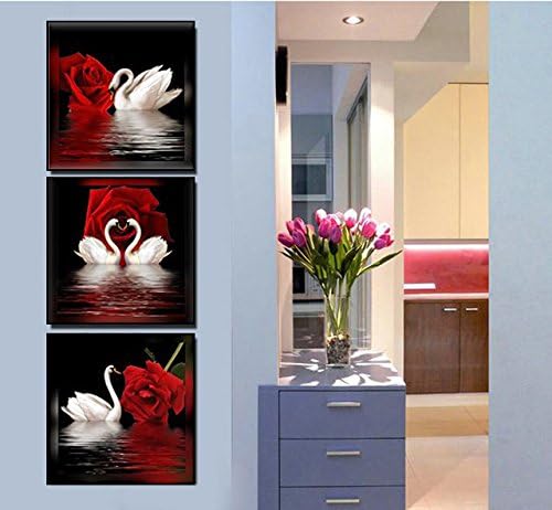 Амој уметност -3 панели убави романтични лебеди Уметнички печати на платно црвени розови цвеќиња wallидни уметности декор истегнати рамки за