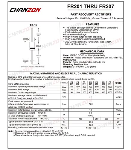 Chanzon FR207 Брз обновувач Диода 2А 1000V 150-500NS DO-15 Аксијален 2 засилувач 1000 Волт Електронски диоди