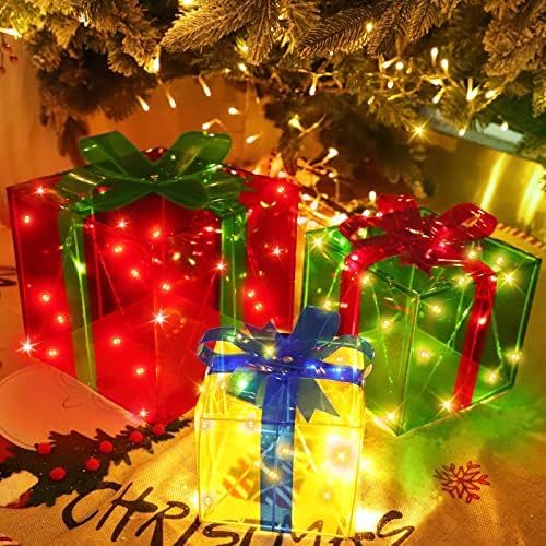 [Супер големи 12 -8 -6 ] 3 Пакувања Божиќни осветлени кутии за подароци Декорација 60 LED светла тајмер 8 режими далечински управувач